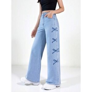 SHEIN‎ Petite XXS Wide Leg Jeans Light Wash Blue Bow Print High Waist Denim